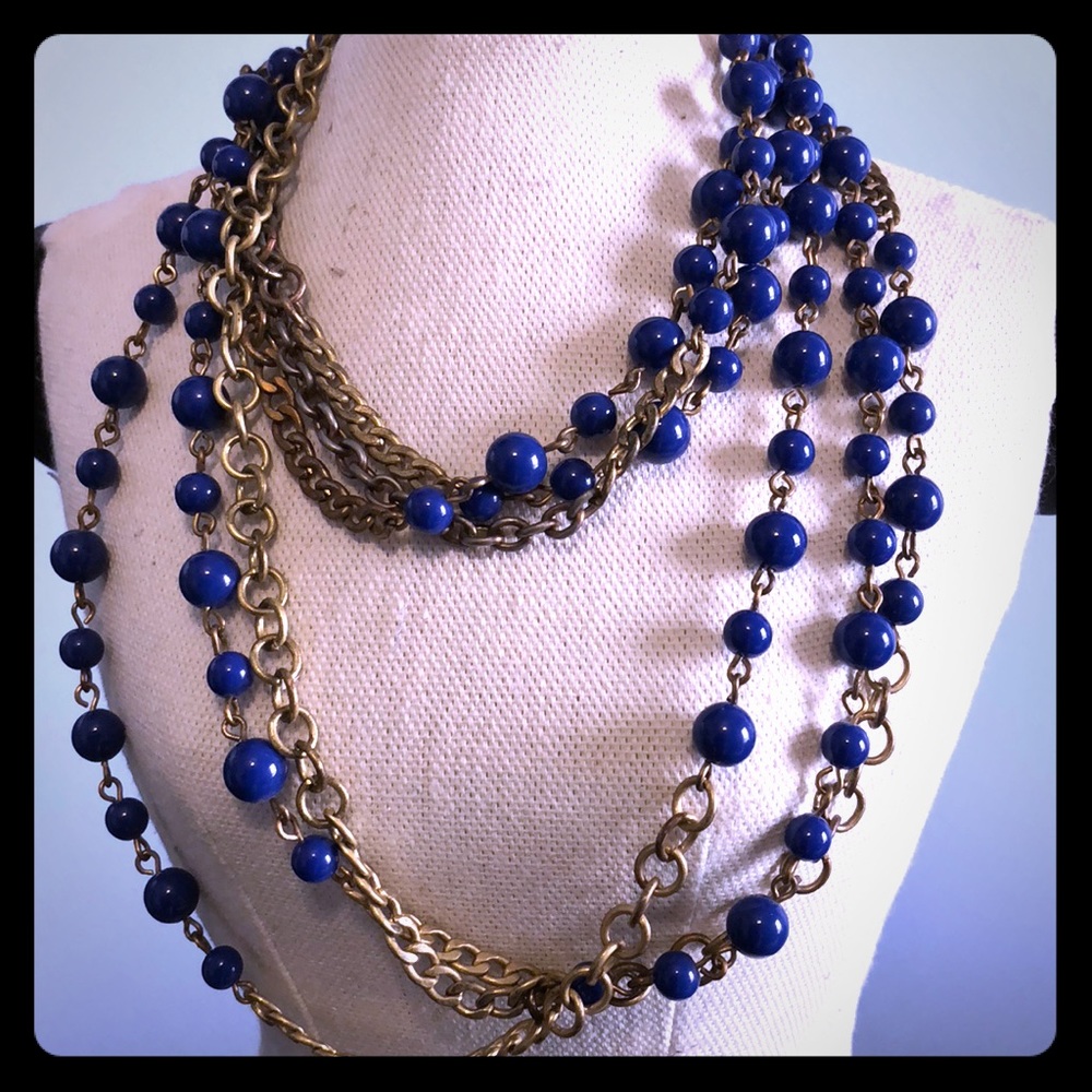 j crew blue bead and brass layering necklace